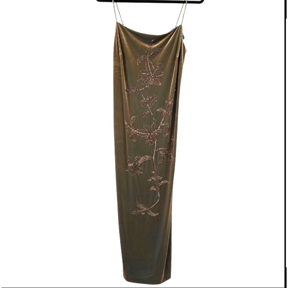 Vintage Y2K Donna Morgan Olive Green Velvet‎ Beaded Slip Dress